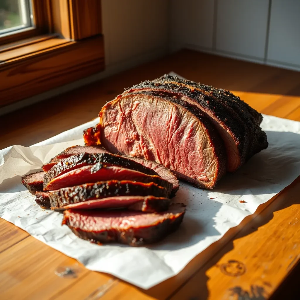 Thick hand-cut slices of smoked beef with a black bark edge and a clear pink smoke ring, laid on white butcher paper.