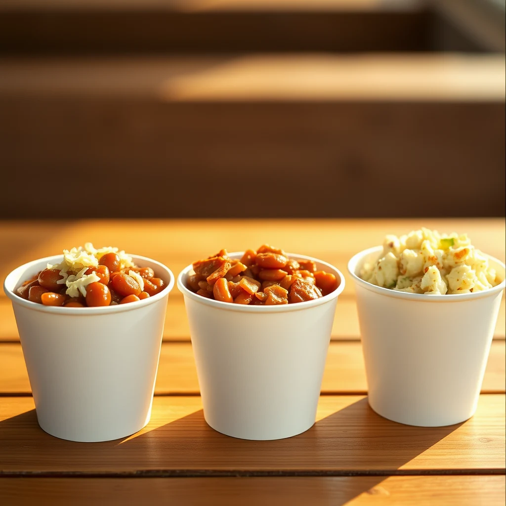Three plain white cups of barbecue sides lined up on a wooden table.