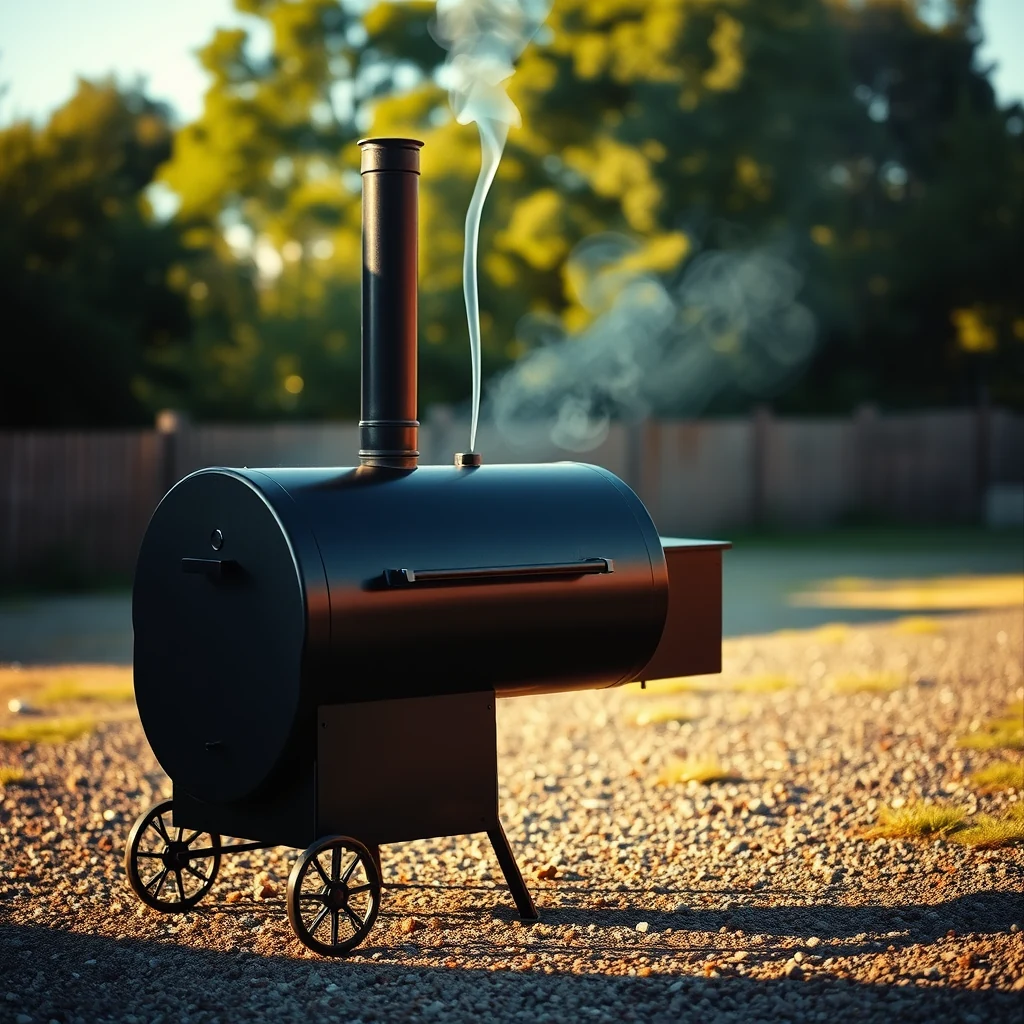A black steel offset barrel smoker with a tall chimney standing on gravel in low golden afternoon light, thin blue smoke curling from the stack.